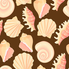 Seashells seamless pattern. Summer vacation marine background. Underwater texture hand drawn vector illustration for invitations, greeting cards, posters, prints, banners, flyers