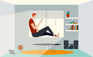 Enjoyment at home, coworking space, concept illustration. Young man freelancer thinking and listening music on phone and working on computer. People at home in quarantine. Vector flat illustration