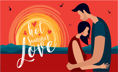 Love couple. Hot Summer Love. Hello Summer Sunset logotype. Badge typography icon. Lettering summer season for greeting card, invitation template. Retro, vintage lettering banner poster template 