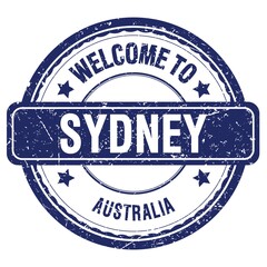 WELCOME TO SYDNEY - AUSTRALIA, words written on blue stamp