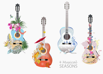 Abstract guitars decorated with summer, autumn, winter and spring decorations: flowers, leaves, notes, birds. Hand drawn musical vector illustration.