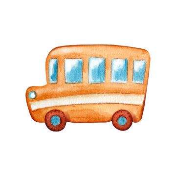 Funny school bus, watercolor clipart on white background. Yellow school bus handdrawn illustration. Back to school sticker.