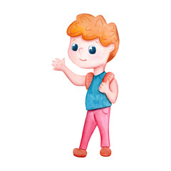 Smiling boy waving hand, watercolor clipart on white background. School boy hand-drawn illustration. Back to school clipart. Little boy character. Cute kid with smile