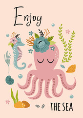 beautiful marine poster with octopus, sea horse