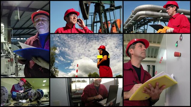 Industrial engineers at work in different situation split screen 4K video. Industrial engineer concept.