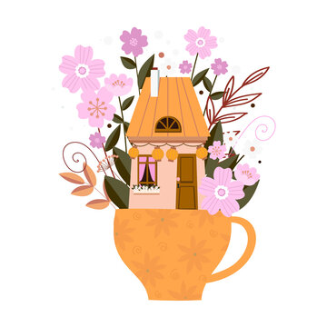 
Yellow House In The Cup With Garland On The White Background