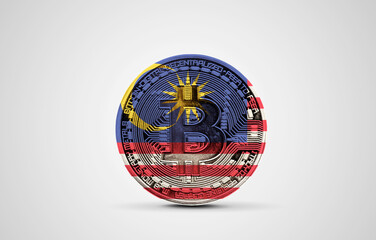 Malaysia flag on a bitcoin cryptocurrency coin. 3D Rendering