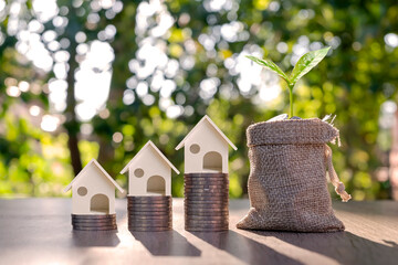 Tree growing on money bag and house model on a pile of money concept money coins. home loan