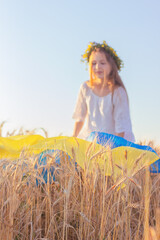 Obraz premium the girl covers the ears of wheat with a yellow-blue flag. Ukraine Independence Day concept. national Ukrainian symbols.