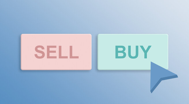 Minimalistic buy and sell icons with mouse cursor 3d render