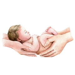 Watercolor baby illustration, newborn baby