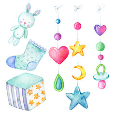 Watercolor newborn baby toys illustration