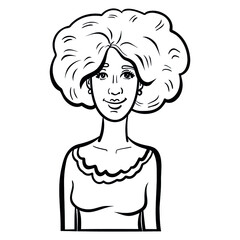retro comic avatar of a woman with curly hair. monochrome, outline.