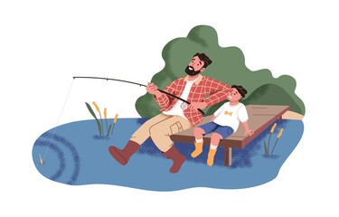 Father and son fishing together in nature. Happy dad and child resting by water. Bonding outdoor activity of parent and kid. Flat vector illustration of pa and boy isolated on white background.