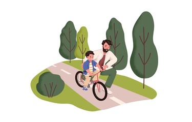 Father holding son's bike while teaching kid to ride bicycle. Boy learning to cycle with help of dad. Parent and child spending time together. Flat vector illustration isolated on white background.