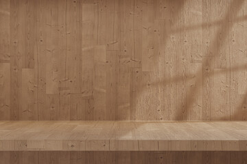 Wood table background with sunlight window. 3D illustration rendering