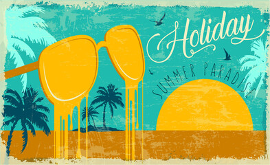 Holiday Summer Paradise. Season vocation, weekend. Original graphic poster or banner easy editable for card design or web banner. Palm trees  and islands. Hot summer day. Hot Summertime. Retro 