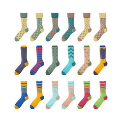 A large set with the image of warm socks in various colors and shapes. Insulated socks for walking in cold autumn weather. A warm accessory for cold weather. Vector illustration