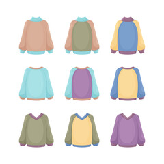 A large set with the image of warm knitted sweaters of various colors and shapes. Insulated sweaters for walking in cold autumn weather. Warm clothes for cold weather. Vector illustration
