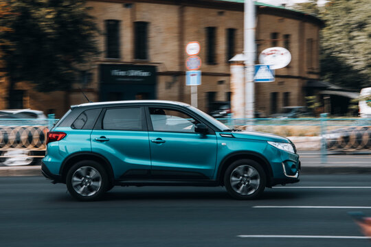 Ukraine, Kyiv - 16 July 2021: Light Blue Suzuki Vitara car moving on the street. Editorial