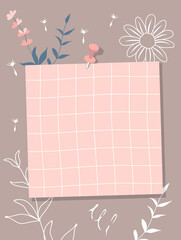 A sheet of checkered paper of pink color pinned to the wall. Note paper, pink flowers, flowers outlines on a grey  background. Vector illustration, flat style.