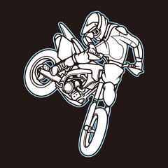 Supermoto motocross or dirtbike black poster symbol logo with cartoon style line art illustration design vector