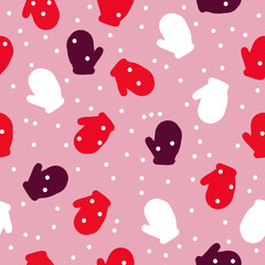 cute seamless pattern with Christmas pattern with mittens and snow . pink background. print for textiles and surfaces