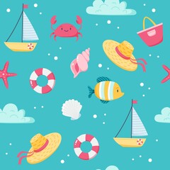 Summer sea pattern. Cute fish, sail boat, crab, seashells. Hand drawn flat cartoon elements. illustration