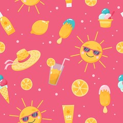 Summer pattern. Cute sun, ice cream, straw hat, lemon. Hand drawn flat cartoon elements. illustration