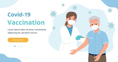 Fototapeta na wymiar Vaccination for the elderly, senior man and a doctor with a syringe. Banner webpage template illustration in flat cartoon style