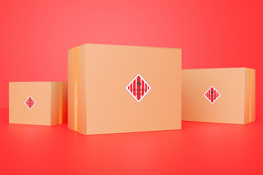 Concept of transportation of dangerous goods and hazardous materials. Cardboard boxes with a sticker "Flammable Solid" on a red background. 3d rendering