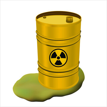 Yellow metal barrel with radioactive waste and spilled liquid. Concept of pollution. Toxic refuse keg. Poisonous liquid cask. Danger of ecological disaster