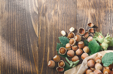 hazelnuts on a wooden table
