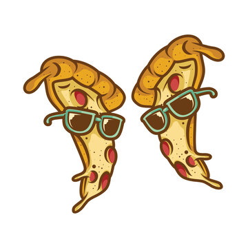 Two sliced pizza with glasses symbol logo with cartoon style line art illustration design vector