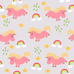 Cute pattern with unicorns rainbow and stars