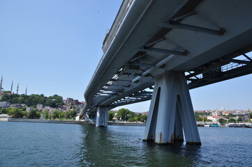 Panoramic view of the bridge over the bay, the bank with trees. Summer sunny day in the city.