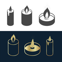 Simple Candles icon set, gold and black and white colors