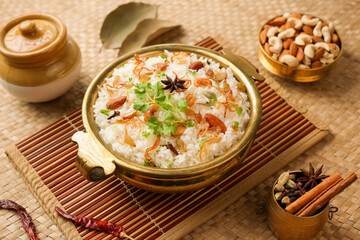 Pulao Veg biryani Spicy Indian Malabar biryani or Hydrabadi biryani, Dum Biriyani, pulav, pilaf,...