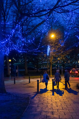 Three shoppers pass a Sparkling Blue Lights-lit tree in Harrogate, North Yorkshire, UK, during the Blue Hour.