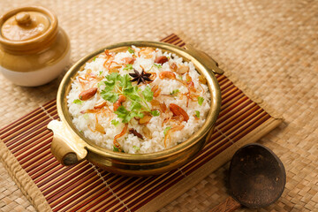 Pulao Veg biryani Spicy Indian Malabar biryani or Hydrabadi biryani, Dum Biriyani, pulav, pilaf, basmati rice, mixed rice dish meat curry for Ramadan Kareem, Eid Kerala, India, Sri Lanka Indian food