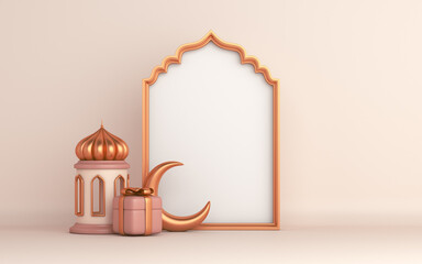 Islamic decoration background with empty arabic window frame, lantern, crescent, gift box, ramadan kareem, mawlid, iftar, isra  miraj, eid al fitr adha, muharram, copy space text, 3D illustration.