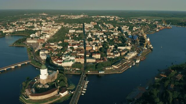 Aerial view of the city of Vyborg and the Vyborg Castle, Russia
