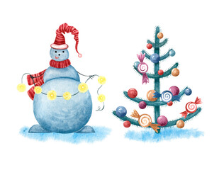 Card with watercolor illustration of a snowman in a red hat and scarf who holds a garland and decorats the Christmas tree with candies and balls. 