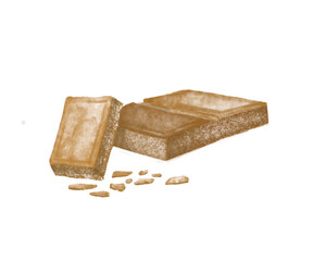 Pieces of Milk Chocolate with small crumbs. Watercolor hand drawn painted illustration on white isolated background. Design for restaurant menu