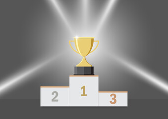 Gold trophy cup on first place podium vector illustration