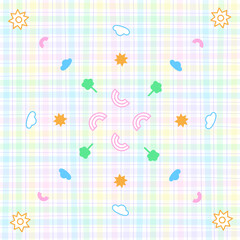 Confetti Outline Cute Ornament Element Sun Cloud Tree Rainbow Pastel Gingham Pattern Background Editable Stroke. Cartoon Vector Illustration Cloth, Mat, Fabric pattern, Textile, Tile, Scarf, Wrapping.