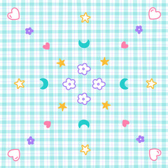 Confetti Outline Cute Ornament Element Heart Star Flower Moon Rainbow Pastel Gingham Pattern Background Editable Stroke Cartoon Vector Illustration Cloth, Mat, Fabric pattern, Textile, Scarf, Wrapping