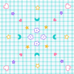 Confetti Outline Cute Ornament Element Heart Star Flower Moon Rainbow Pastel Gingham Pattern Background Editable Stroke Cartoon Vector Illustration Cloth, Mat, Fabric pattern, Textile, Scarf, Wrapping