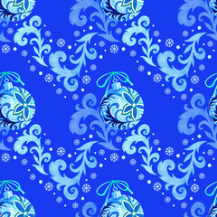 Seamless pattern with christmas balls and winter patterns on a blue background for gift wrapping, wallpaper, fabric. Watercolor