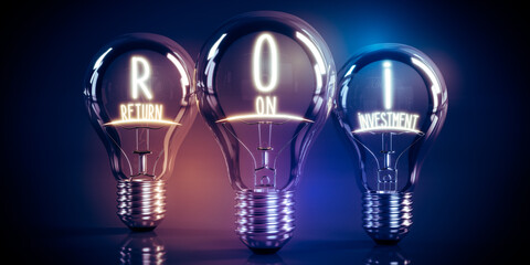 ROI, return on investment concept - shining light bulbs - 3D illustration